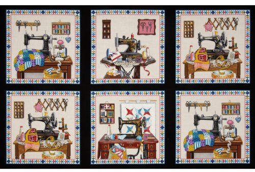 Stitch In Time Sewing Patchwork Panel Black, Fabric by the Yard