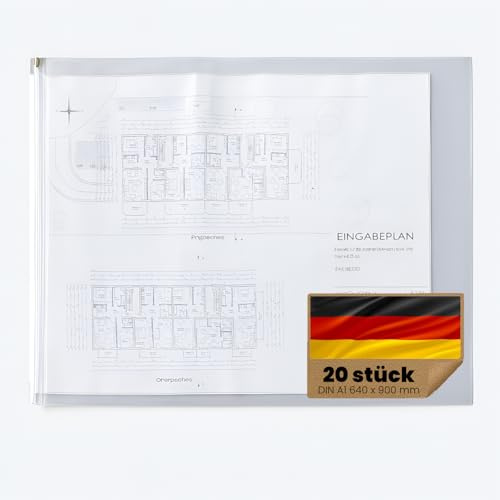 Original Böck Planschutzhüllen (640 x 900 mm) Din A1 – 20 Stück | Transparente Schutzhüllen mit Reißverschluss | Wasserfest, reißfest, beschreibbar | Schutzfolie für Baupläne & Dokumente