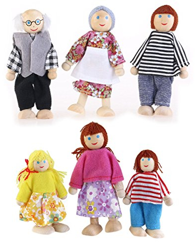 ROSENICE 6 Stück Holzpuppen Spielzeug Cartoon Familie Puppen für Kinder Spielhaus Geschenk (zufällige Farbe)