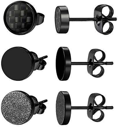 Aroncent 3 Paires Boucle d Oreille Homme, Clous d Oreilles Cercle en Acier Inoxydable Taille 8mm Fantaisie Bijoux Cadeau pour Homme Noir