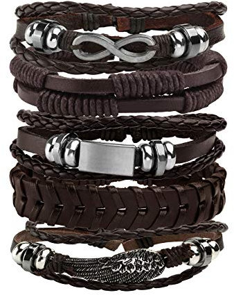MILAKOO 5 Stück Geflochtene Lederarmbänder Einstellbar Manschette Armband für Männer Damen (Braun)