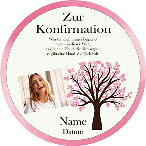 Essbarer Fondant Tortenaufleger Konfirmation6 / Wunschbild und Text selbst gestalten / 4 Farben zur Auswahl / 20 cm Ø/rosa