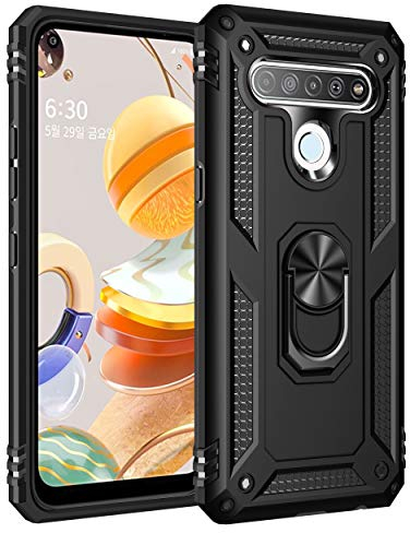 DEDUX Hülle für LG K61/Q61 [Tough Armour Series] Rugged Anti-Scratch PC Rückwand Schale + Shockproof TPU + Faltbarer Halterungen. Schwarz