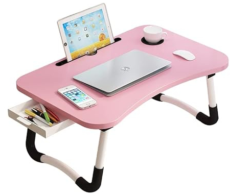 Knietisch mit Schublade, Telefon- und Getränkehalter, Laptop-Bett-Tablett, 59.9 cm (23.6 Zoll) Faltbarer Laptop-Schreibtisch mit weißen Beinen für Erwachsene und Kinder, Spielen und Zeichnen, Rosa