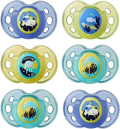 Tommee Tippee Night Time Glow in the Dark Soothers, Symmetrical Orthodontic Design, BPA-Free Silicone, 18-36m, Pack of 6 Dummies