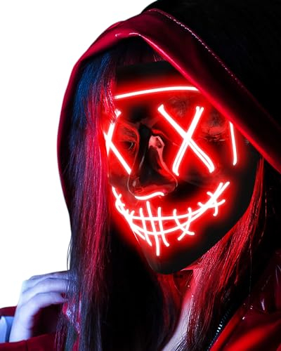 AnanBros Halloween Maske, LED Maske im Dunkeln Leuchtend, 3 Beleuchtungsmodi für Kostümspiele Cosplays Feste und Partys (Rot)