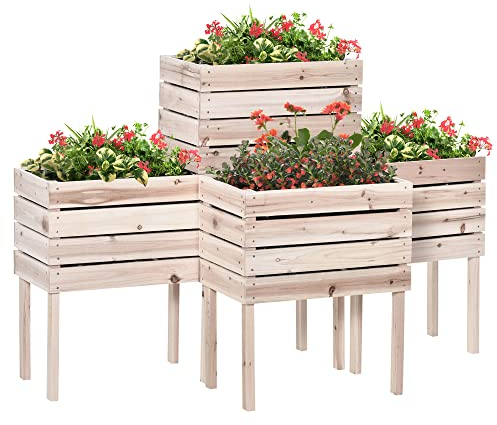 Outsunny Letto per Orto Rialzato con 4 Vasi Portapiante da 50x30x60cm, Fioriera da Esterno in Legno Colore Naturale