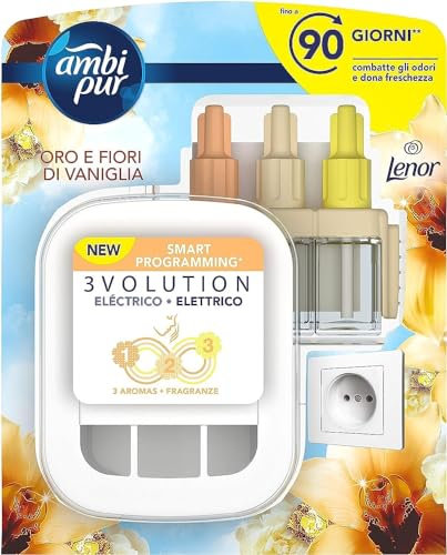 Ambi Pur 3Volution Raumduft, 1 elektrischer Diffusor und 1 Nachfüllpackung, Duft Gold und Vanilleblüten, Technologie zur Beseitigung von Gerüchen, bis zu 90 Tage Duft pro Nachfüllung