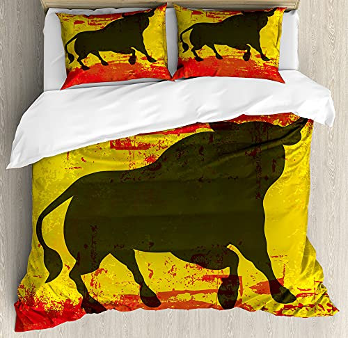 ABAKUHAUS Spanisch Bettbezug Set für Einzelbetten, Bull Silhouette auf Flagge, Milbensicher Allergiker geeignet mit Kissenbezug, 230 x 220 cm - 70 x 50 cm, Vermilion Gelbe Umber