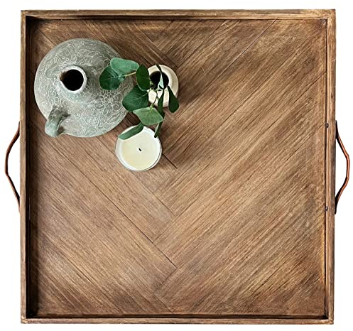 LUIYO Large Ottoman Wood Tray- with Leather Handle Decorative Wooden 24 x 24 x1.5 Inches Square Serving Tray Best for Coffee Table, Living Room and Kitchen (Large 24 * 24)