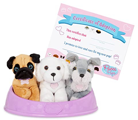 Pucci Pups 3 Kuscheltier Hunde Mops, Malteser und Schnauzer im Hundebett mit Zubehör – Plüschtier Welpen Set Adopt-a-Pup – Spielzeug für Kinder ab 2 Jahre
