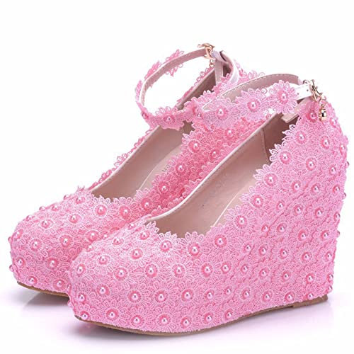 Scarpe da Sposa da Donna, Tacchi Alti alla Moda, Scarpe da Sposa con Cravatta A Fiori in Raso, Décolleté con Plateau E Tacco A Spillo, Adatte per Matrimoni, Palchi E Feste.,Rosa,41 EU
