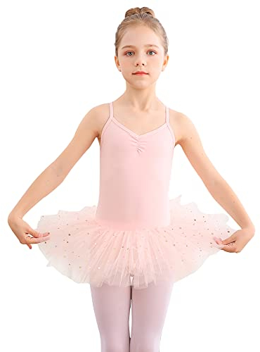 Bezioner Kinder Ballettkleidung Tütü Ballettkleid Mädchen Baumwolle Balletttrikot Ballettanzug Tanzbody Tanzkleid mit Rock Rosa 130