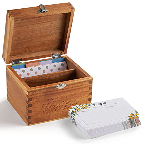 Tidita Rezeptbox aus Akazienholz mit Karten – Blanko-Rezeptbox aus Holz, Set mit 100 Rezeptkarten, 8 Trennwänden, Karten aus dickem Karton. Perfekter Rezept-Organizer (Akazienholz)