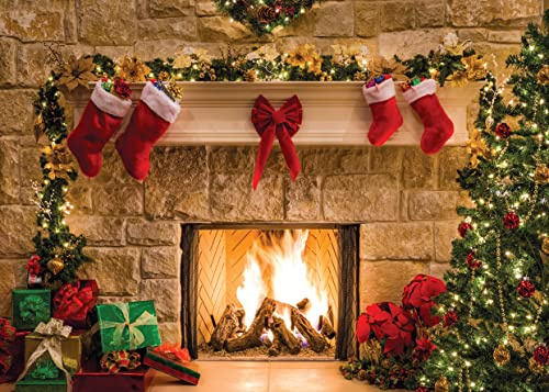 LYWYGG 10x8FT Christmas Background Christmas Dinner Backdrop Cloth Family Party Decoration New Year's Eve Fireplace Photography Backdrops CP-282-1008