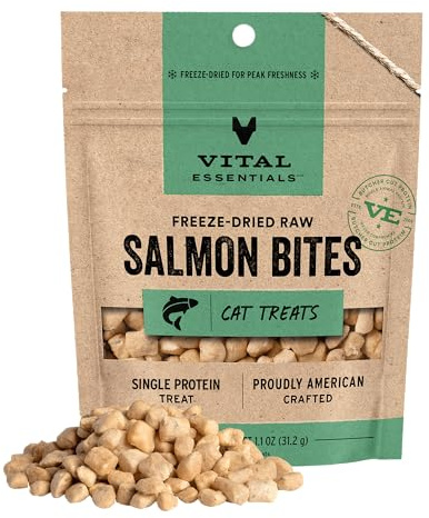 Vital Essentials Freeze Dried Cat Treats | Salmon Bites, Single Protein | Premium Quality | Grain Free, Crunchy Cat Treats, 1.1 oz Bag