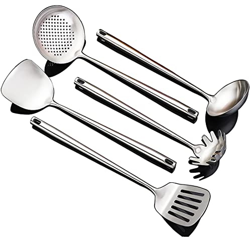 Abcsea 5 Pièces Accessoires Set de Cuisine, Cuillères de Cuisine, Ustensiles de Cuisine Inox, Spatules Cuisine Inox, Gadgets de Cuisine, avec Poignée Creuse