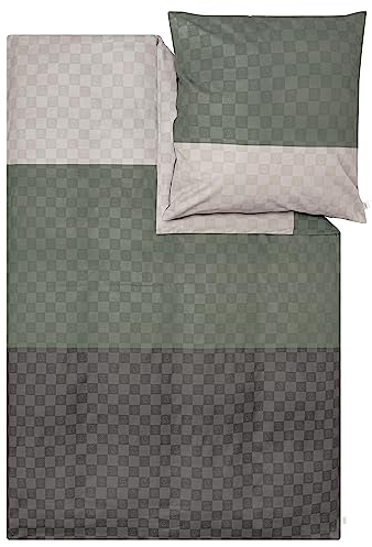 s.Oliver Bettwäsche 135x200 cm - 100% Baumwolle, Reißverschluss, anschmiegsam, weich & waschbar, Mako Satinbettwäsche Karo Oliv anthrazit