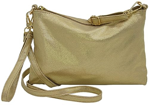 JENNIFER JONES - Kleine Damen Umhängetasche/Handgelenktasche 2 in 1 Clutch Bag abnehmbarer Gurt, Gold Design