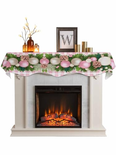 Christmas Mantel Scarf for Fireplace, Christmas Winter Pine Needles Pine Cones Berries Pink Fireplace Cloth Cover, 60x17 Inch Mantle Scarves Table Covers for Living Room, Window, Dressing Table Decor