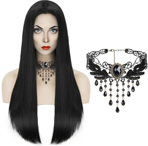 Perücke Frauen Schwarz Lang, Gerade Schwarze Perücke, Gotische Halskette, Kostüm Accessoires,Perücke Hexe für Cosplay, Halloween, Karneval und Themenpartys