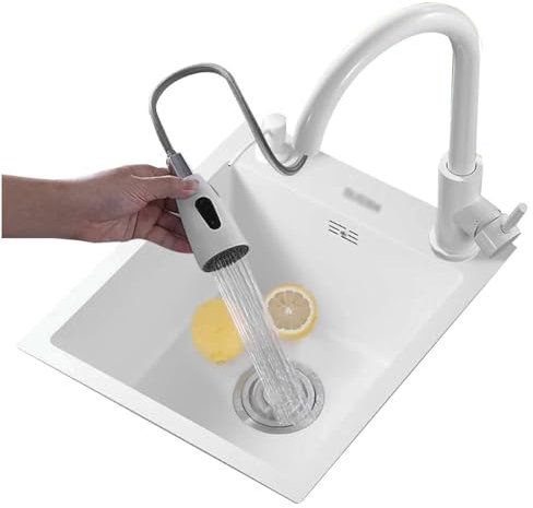 LIPJIA Fregadero Cocina,Cuenco Individual práctico para Estudio de apartamento pequeño, con Grifo extraíble, sifón, encimera de Acero Inoxidable Blanca, Fregadero Incorporado
