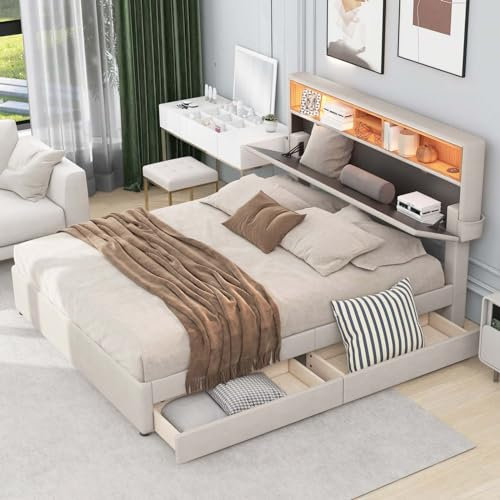 KOMHTOM Lit Double Rembourré Lit LED avec Tête de lit Polyvalente, 140 x 200cm Cadre de Lit avec 2 Tiroirs de Rangement, Sommier à Lattes(sans Matelas) (Beige-2T)