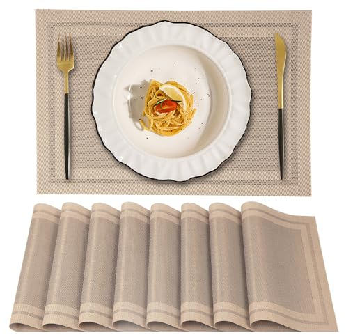 Gucass Juego de 8 Manteles Individuales Lavables, Manteles Individuales Plásticos de Vinil de Esteras, Tapetes de Mesa Tejidos Antideslizante Resistente al Calor, para Mesa de Cocina(45x30cm, Beige)