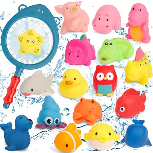 18-teiliges Badespielzeug für Kleinkinder, Badewannen-Sound-Spielzeug, niedliches Badezubehör für die Badewanne, schwimmende Meerestiere für die Babyparty, Squeeze-Lerngeschenk mit Fischernetz