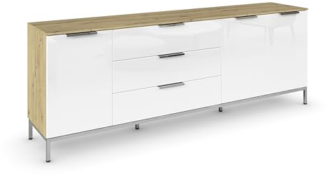 Rauch Möbel Flipp, Sideboard, TV-Schrank, Kommode mit Stauraum, mit Metallkufe Chrom, Eiche Artisan-Glasfront Weiß, Holz, 3-türig, Glastüren, 3 Schubladen, Griffe Chrom, 199x72x42cm