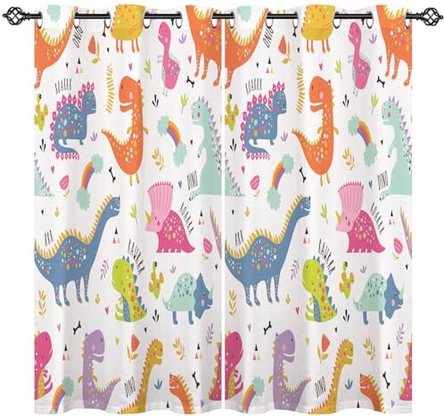 ANHOPE Bunte Cartoon Dinosaurier Verdunklungsvorhänge mit Ösen Thermo Vorhänge Blickdichte Gardinen Kinder Jungen Mädchen Blackout Curtain Wohnzimmer Schlafzimmer Vorhang 2er Set H 160 x B 77 cm