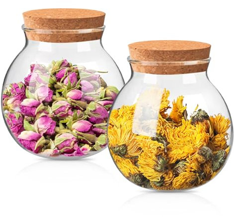 Vegena Vorratsdosen Glas mit Bambusdeckel Luftdicht - 2er Set Kugelförmige Vorratsgläser mit deckel, 500 ml - 1000 ml, Bonbonglas für Kekse, Tee, Kaffeebohnen, Nüsse, Gewürze, Dekorationen (500ML)