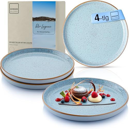 Sänger Rio Lagune | Dessertteller 4 teilig, Steingut Frühstücksteller 4 Personen, Kuchenteller spülmaschinenfest mikrowellenfest multifunktional, Steingut Geschirr blau | VALUE COLLECTON