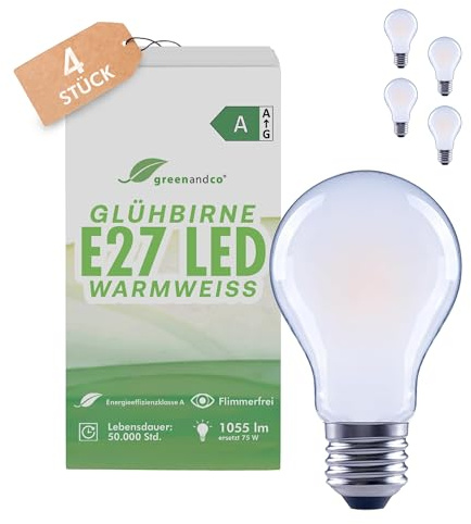 greenandco 4x Glühbirne E27 LED warmweiss, matt, 5W 1055lm, A60 | 230V Glühfaden LED Lampe ersetzt 75W, 2700K, 320° Abstrahlwinkel, flimmerfrei, Energieeffizienzklasse A, nicht dimmbar