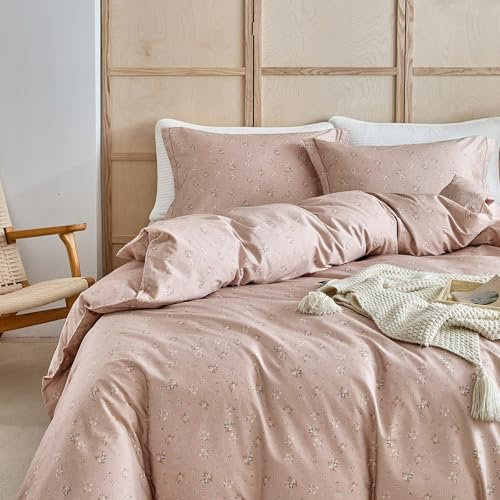Parure de lit en coton avec housse de couette à motif floral rose poudré, housse de couette pour enfants et adolescents, housse de couette vintage à motif floral botanique avec fermeture éclair et