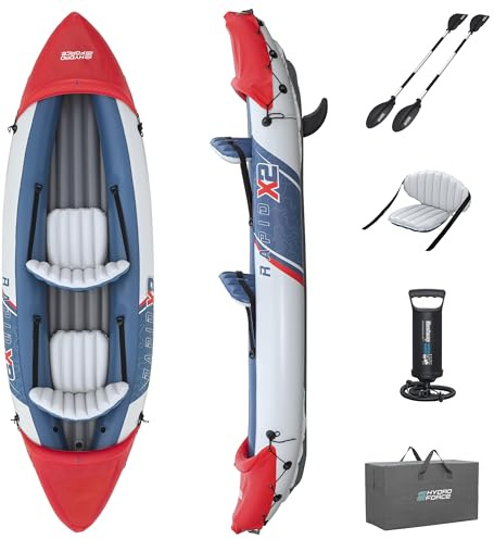 Bestway Hydro-Force Rapid X2 Inflatable 2 Person Kayak Outdoor Lake and River Water Sport Set with 2 Paddles, Hand Pump, and 2 Removable Fins