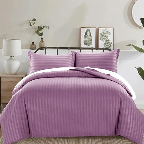 PRIME LINENS 3 Piece Duvet Cover Set Satin Stripes Quilt Cover Bedding Sets with Pillowcases Hotel Quality Ultra Soft Hypoallergenic Machine Washable (Aubergine, Super King)