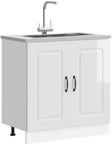 Homgoday Spülenunterschrank, Spülenschrank mit viel Stauraum, Küchenschrank Küchenmöbel Unterschrank Küchenunterschrank mit verstellbaren Füßen Kalmar Hochglanz-Weiß 80x46x81,5 cm