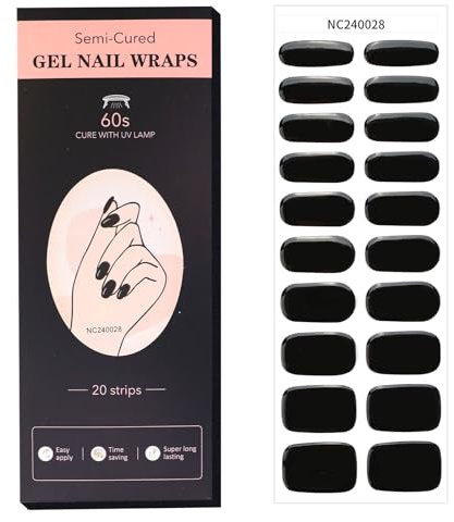 Semi Cured Nail Strips, 20 PCS Nail Stickers Full Wraps for Salon-Quality Nails at Home, Works with Any UV Lamp, Easy to Apply, Shape & Remove (20, Black)