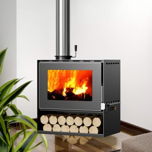 Poêle à bois en fonte avec briques réfractaires - 10 kW - Four à bois permanent - Utilisation facile - Avec fenêtre de visualisation