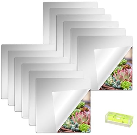 12 Stück Selbstklebende Fliesenspiegel Spiegel mit Wasserwaage zum Kleben, 20 x 20 cm Acryl HD Flexible Spiegelfolien Spiegelaufkleber für Wand, Schule, Zuhause, Wohnzimmer, Badezimmer, Schlafzimmer