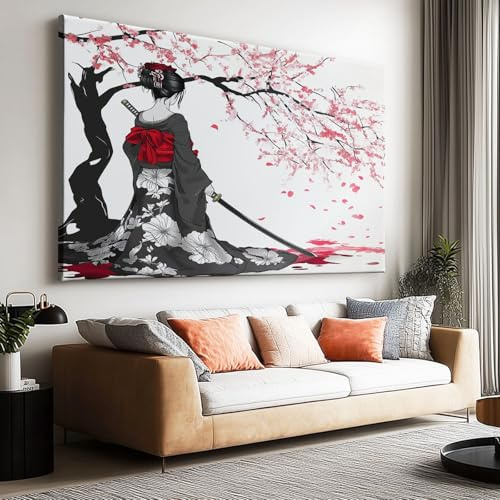 Großes Leinwandbilder Wandbilder Anime Geisha Mit Schwert Sakurabild Auf Leinwand Wandkunst Modern Aesthetic Xxl Kunstdruck Deko Für Wohnzimmer Schlafzimmer Geschenk 90X60Cm