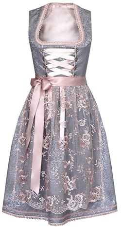 POIUIYQA Dirndl Damen midi Trachtenkleid Trachtenmode Trachtenrock Kleid inkl. Dirndlbluse Dirndlschürze 3 teilig für Oktoberfest Besondere Anlässe Grau