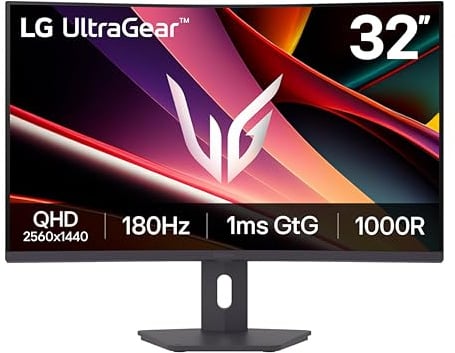 LG 32G600A-B 32-inch Ultragear QHD (2560 x 1440) Curved Gaming Monitor, 180Hz, 1ms, AMD FreeSync, HDMI, DisplayPort, Tilt/Height/Swivel Adjustable Stand, Black