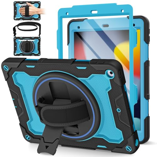 ROSROME for iPad 9th/8th/7th Generation Case 10.2 Inch, Shockproof Case | with Screen Protector, Rotating Stand/Hand Strap/Shoulder Strap/Pencil Holder,Ligth Blue