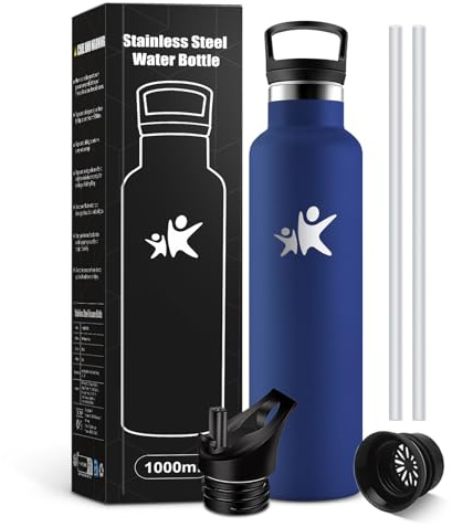 KollyKolla Trinkflasche Edelstahl 1 L, Edelstahl Trinkflasche mit Strohhalm, Thermosflasche Auslaufsicher, BPA-Frei, Kohlensäure Geeignet, Wasserflasche für Erwachsene, Schule, Fahrrad, Reisen