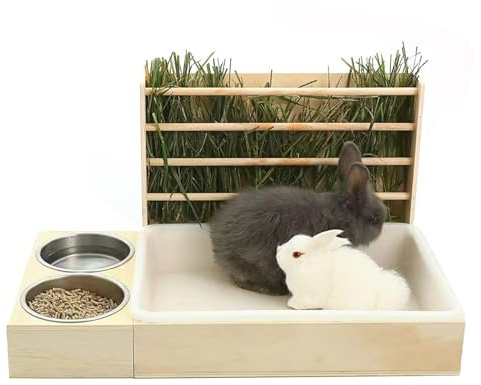 Rushbom 3 in 1 Extra Large Rabbit Hay Feeder with Litter Box,Rabbit Hay Feeder with Litter Box and 2 Bowls Animals Hay Manger Grass Food Rack for Guinea Pig