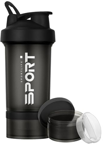 Alaoo Shaker per Proteine, Protein Shake, 500 ml, Nero | Design a Doppio Strato, Con Contenitore per Polvere e Sfera di Agitazione in Acciaio Inox, per Lsolati e Concentrati Sportivi
