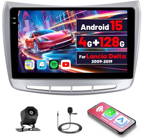 Inefala 4G+128G Autoradio Android 15 per Lancia Delta 2009-2019 | 9 Pollici Touchscreen, Wireless CarPlay, Android Auto, GPS, WiFi, RDS/FM, BT, SWC, Retrocamera, Mic