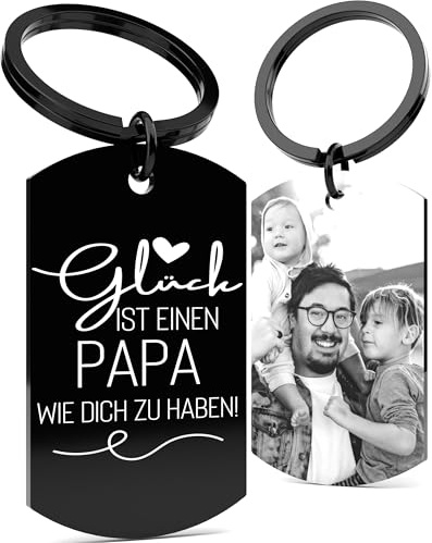 Generisch Schlüsselanhänger Papa personalisiert mit Foto | Gravur Edelstahl schwarz – Vatertagsgeschenk für Papa, Fotoanhänger mit Wunschbild & Spruch